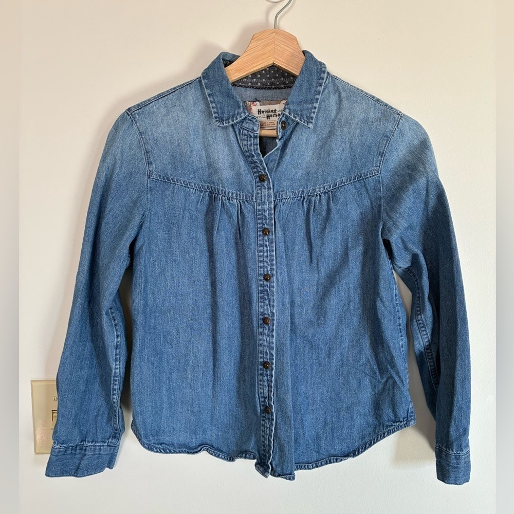 Anthropologie Holding Horses Top XXSP Embroidered Pearl Snap Denim Shirt Crane - Picture 7 of 9